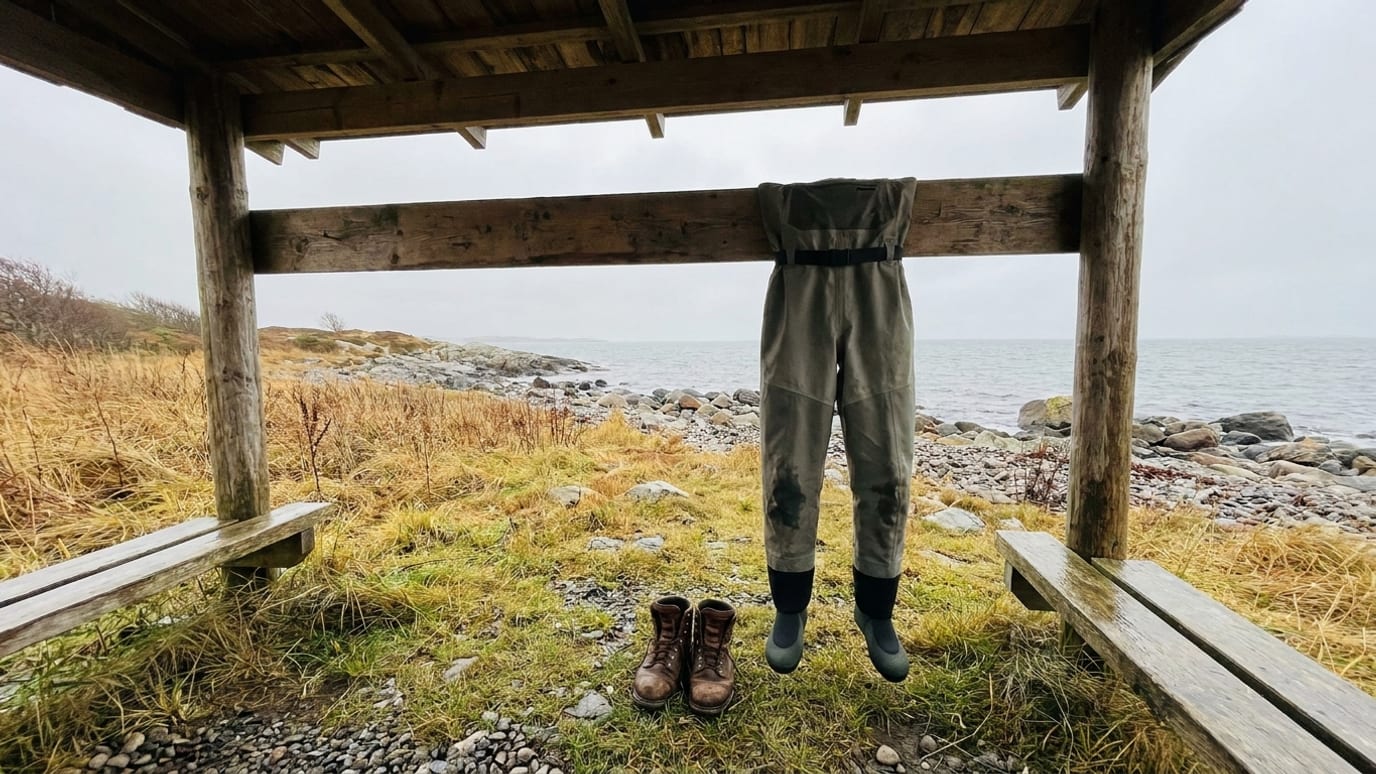 Et par åndbare waders hænger til tørre under et halvtag ved siden af et par vadesko