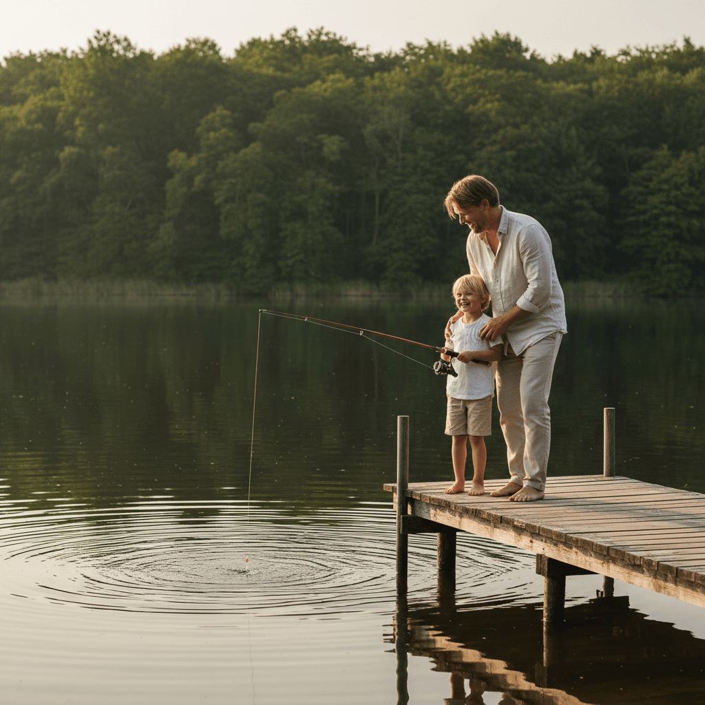 Barn med fiskestang ved vandkanten