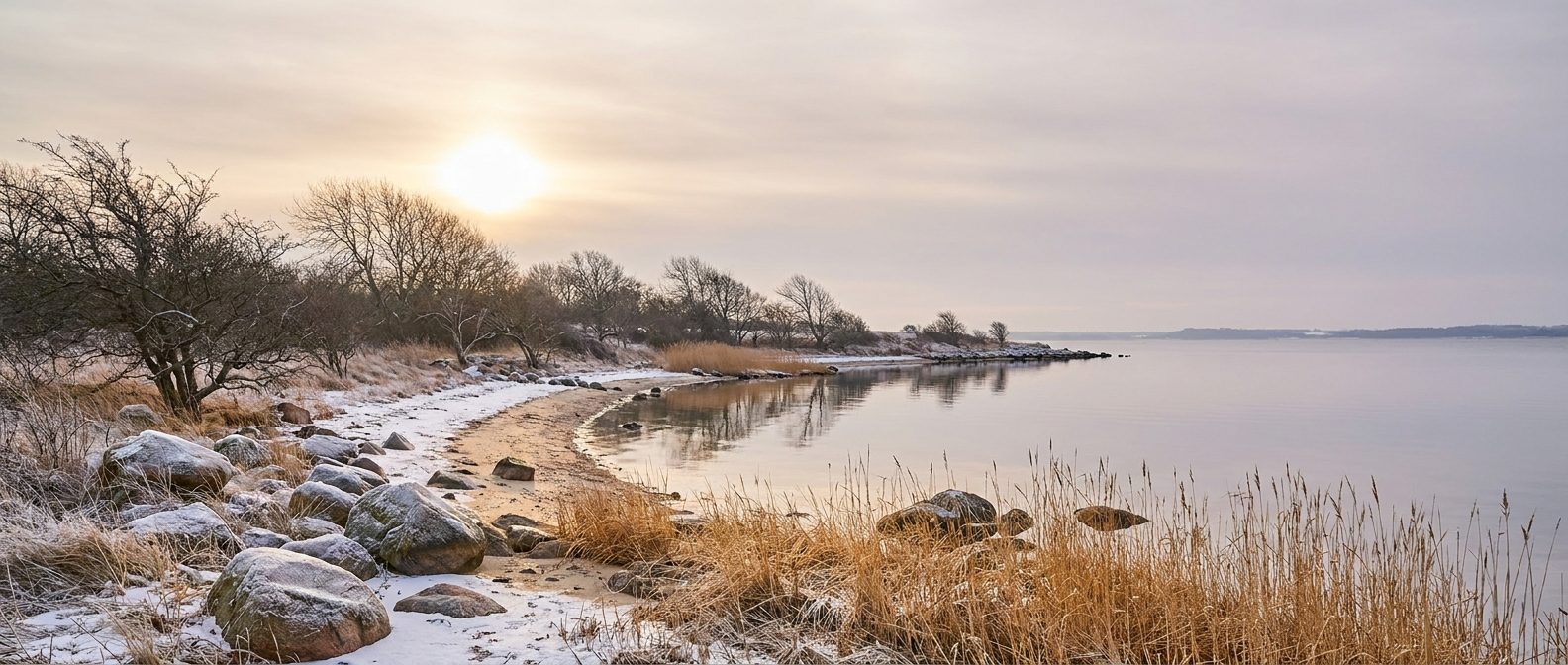 Uberørt dansk vinterkyst med rimfrost, sten og rørgræs langs en stille fjordvig
