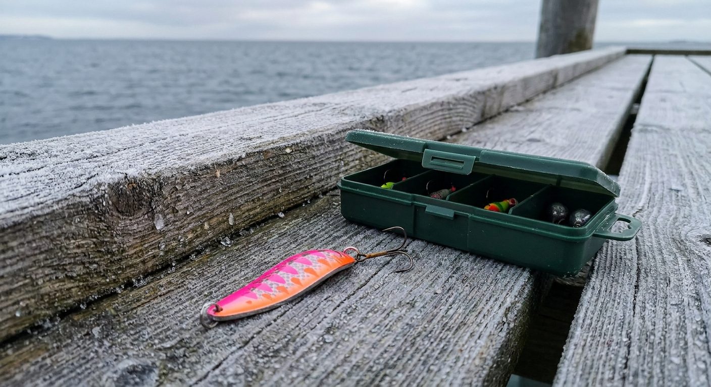 Vinteragn til havørred — pink/orange provokationsblink på en frostbelagt træbro