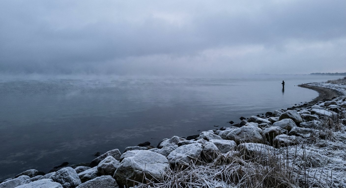 Dansk fjordkyst en kold vintermorgen med frost og let dis over vandet