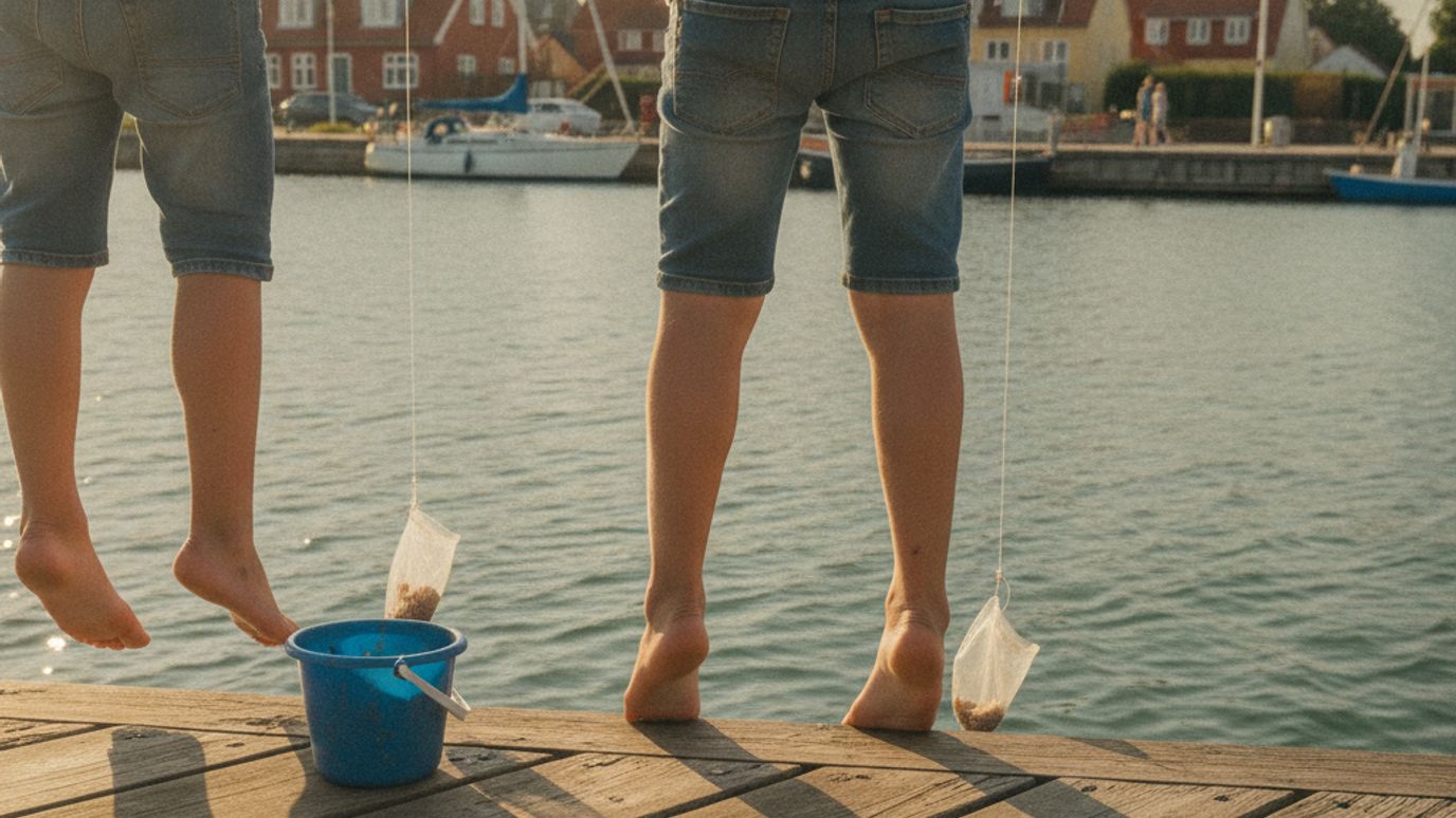 To børn står barfodet på en badebro i en dansk havn og fisker krabber med snøre og en blå spand ved siden af