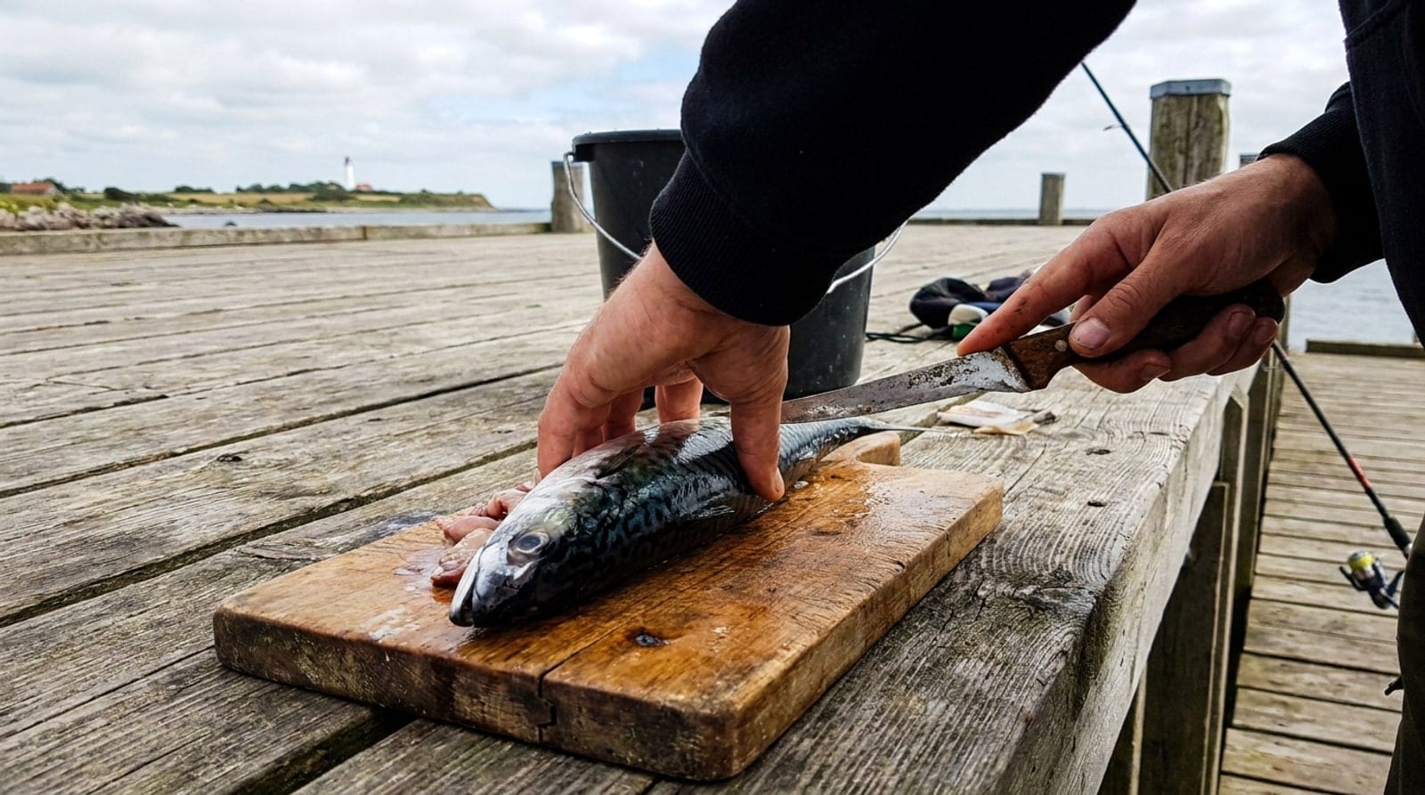 Hænder der bruger en filetkniv til at rense en makrel på et skærebræt ved kysten