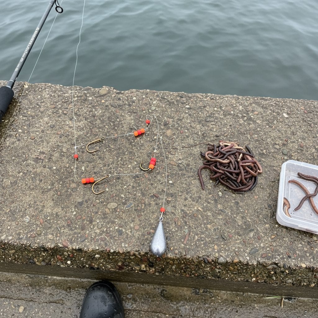 Fladfiskeforfang med to forskudte kroge, orange perler og blylod lagt på den våde mole-kant ved siden af en bunke børsteorm