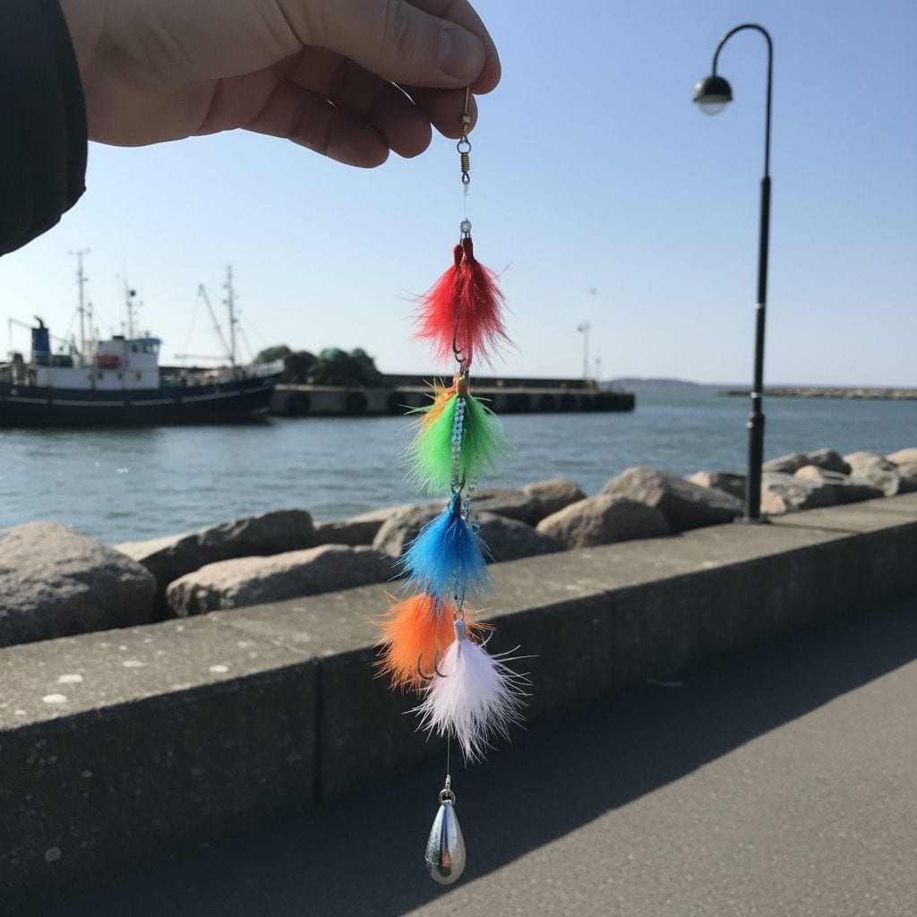 Sildeforfang holdt op mod havnen med farvede fluer i rød, grøn, blå og hvid samt blylod for enden