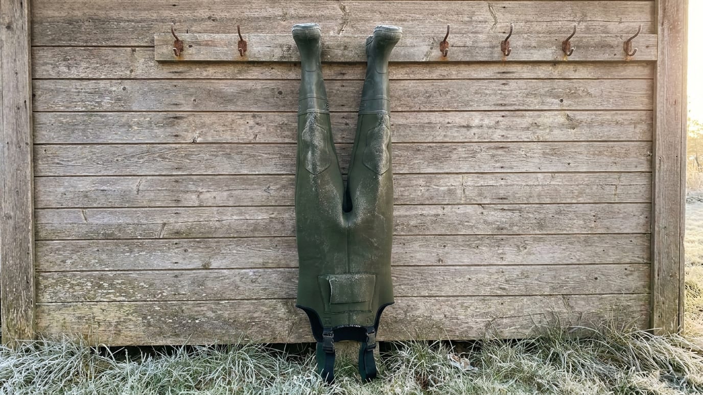 Neopren waders hænger til tørre på en trævæg