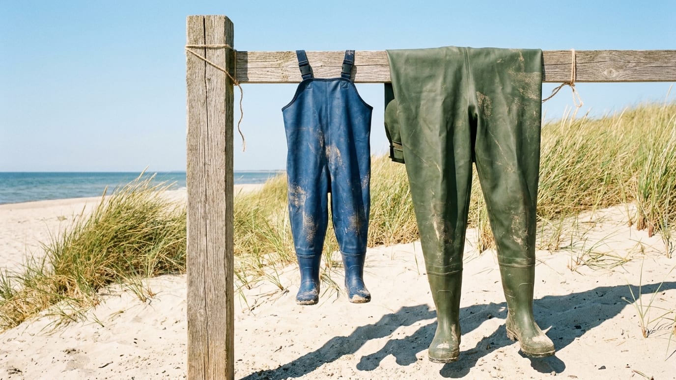 Et par små børnewaders og et par voksenwaders hænger side om side på en hegnspæl ved en strand