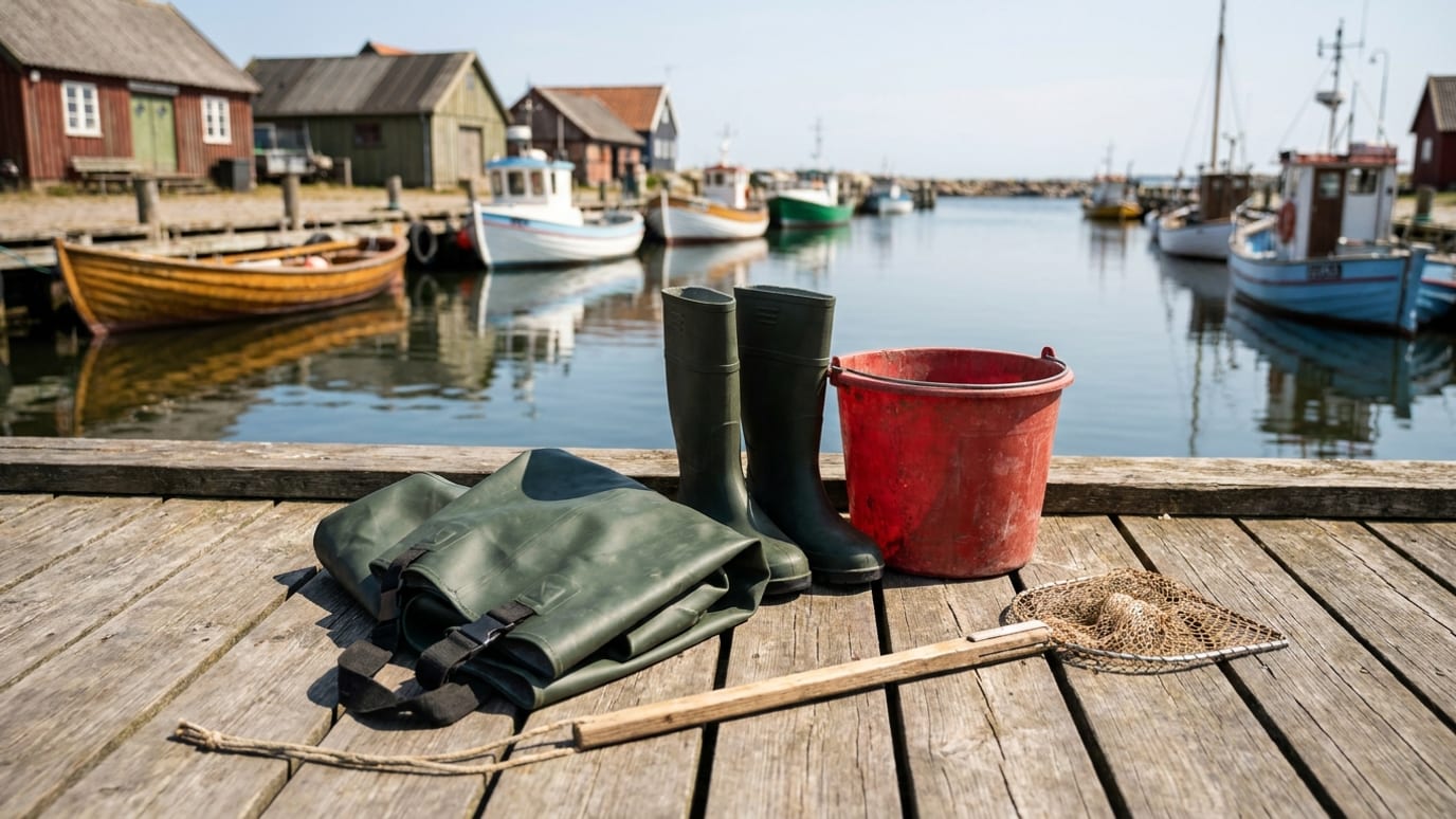 Waders og en rød spand på en træbro i en fiskerihavn
