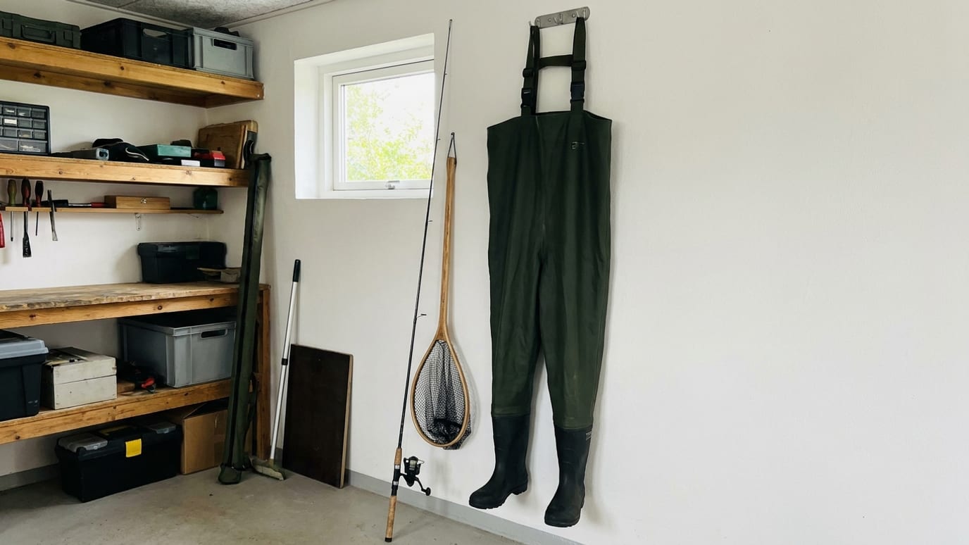 Et par grønne PVC waders hænger på en krog i en lys garage ved siden af en fiskestang og et fangstnet