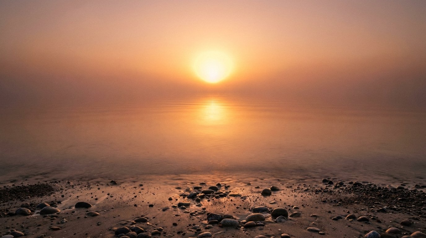 Tom dansk kystlinje ved solnedgang — stille hav og varm dis på horisonten